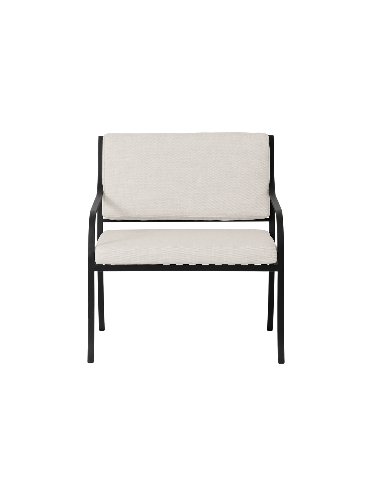 Bloss Garden Lounge Chair with black steel frame and light cushions, viewed from the front.