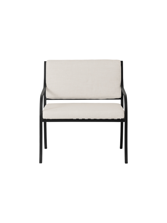 Bloss Garden Lounge Chair with black steel frame and light cushions, viewed from the front.