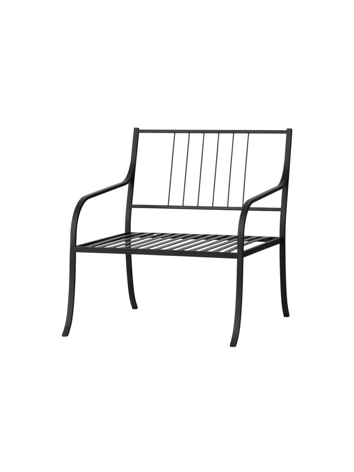 Bloss Garden Lounge Chair in black powder-coated steel with a slatted seat and backrest, shown from an angle.