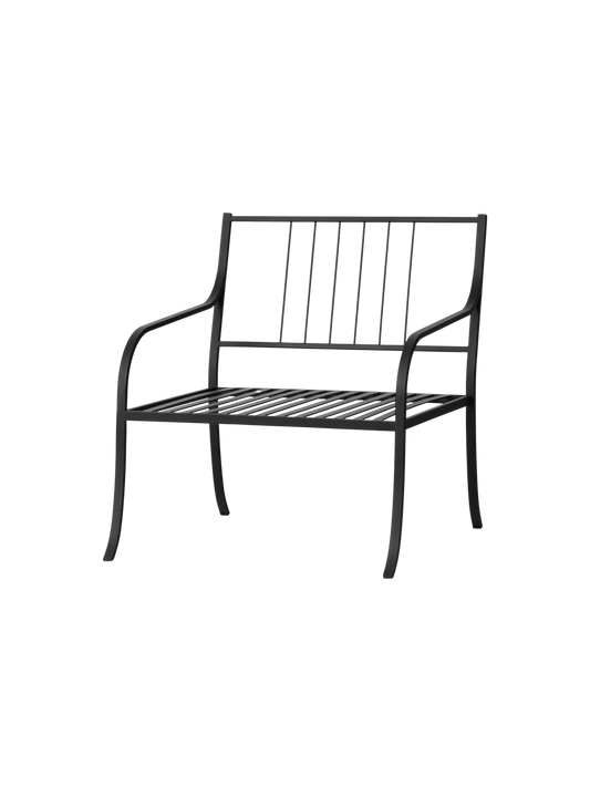 Bloss Garden Lounge Chair in black powder-coated steel with a slatted seat and backrest, shown from an angle.