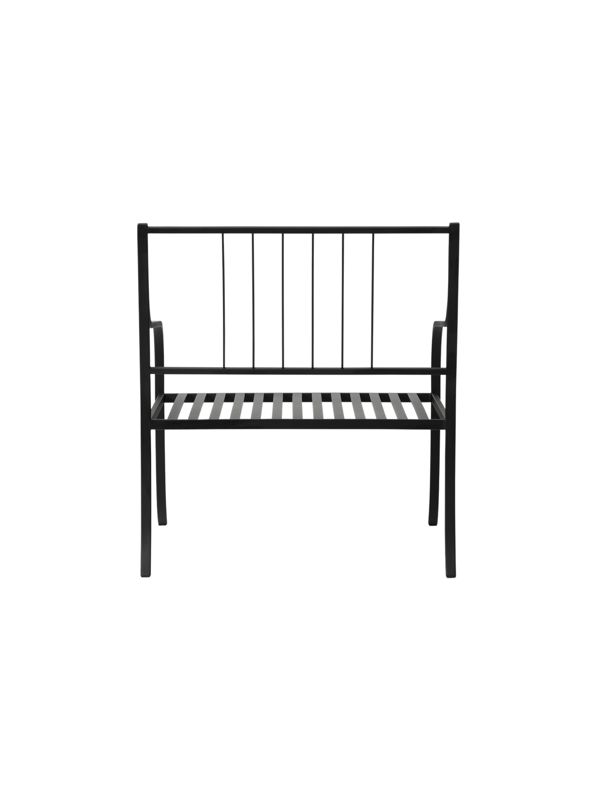 Bloss Garden Lounge Chair in black powder-coated steel, viewed from the back showing its slender vertical slat frame.