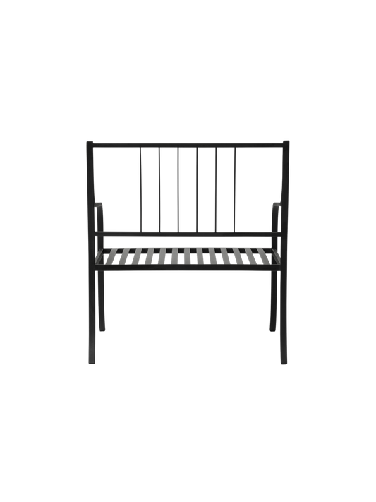 Bloss Garden Lounge Chair in black powder-coated steel, viewed from the back showing its slender vertical slat frame.