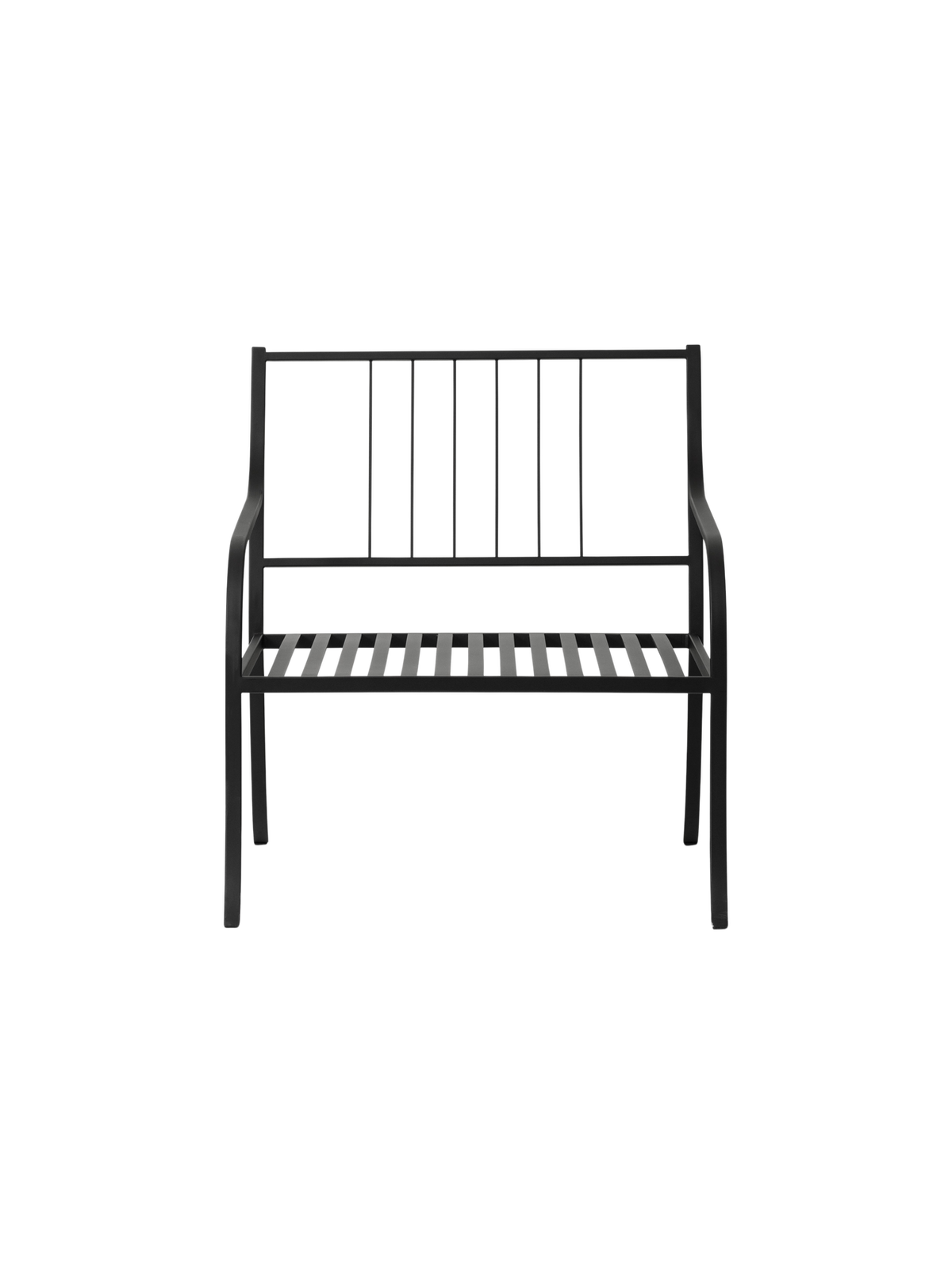 Bloss Garden Lounge Chair in black powder-coated steel viewed from the front against a black background.