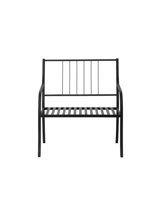 Bloss Garden Lounge Chair in black powder-coated steel viewed from the front against a black background.