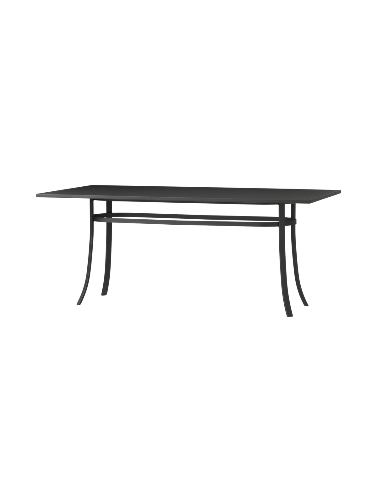 Bloss Garden Dining Table in black powder-coated steel, shown from an angle against a black background.