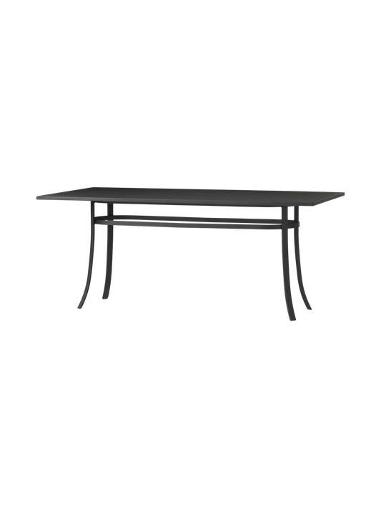 Bloss Garden Dining Table in black powder-coated steel, shown from an angle against a black background.