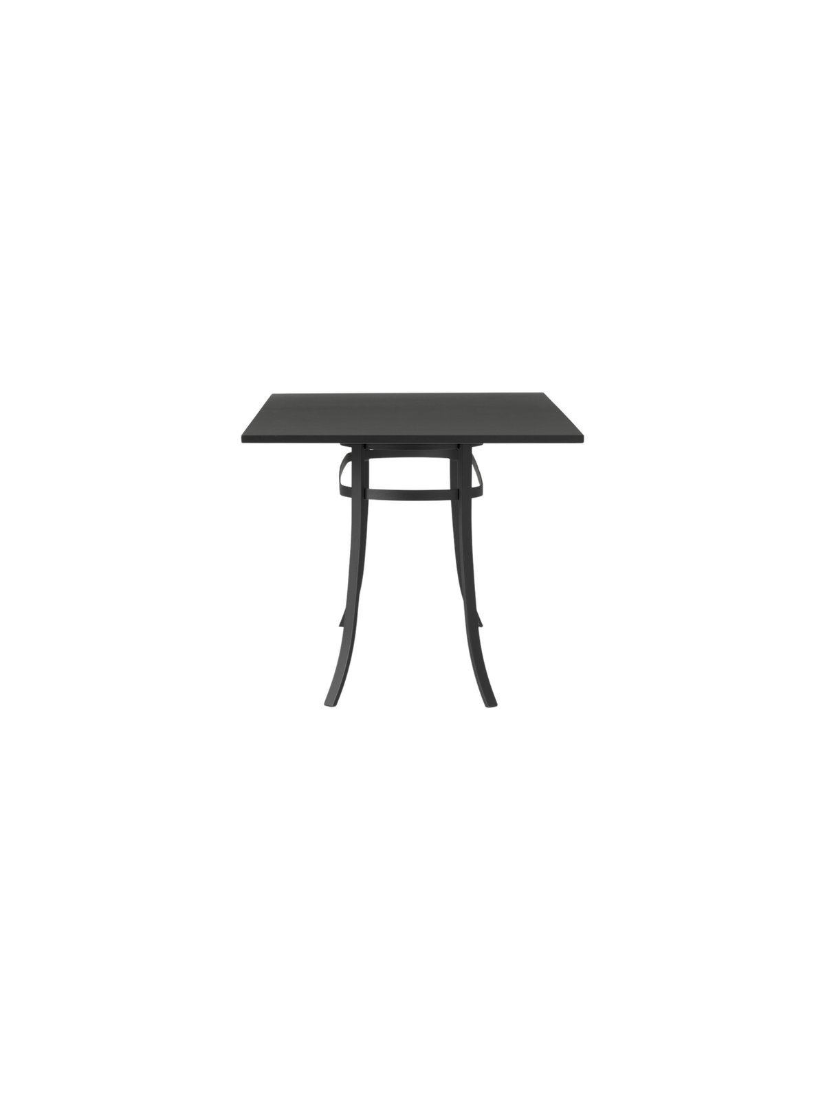 Bloss Garden Dining Table in black powder-coated steel construction, shown from a side angle.