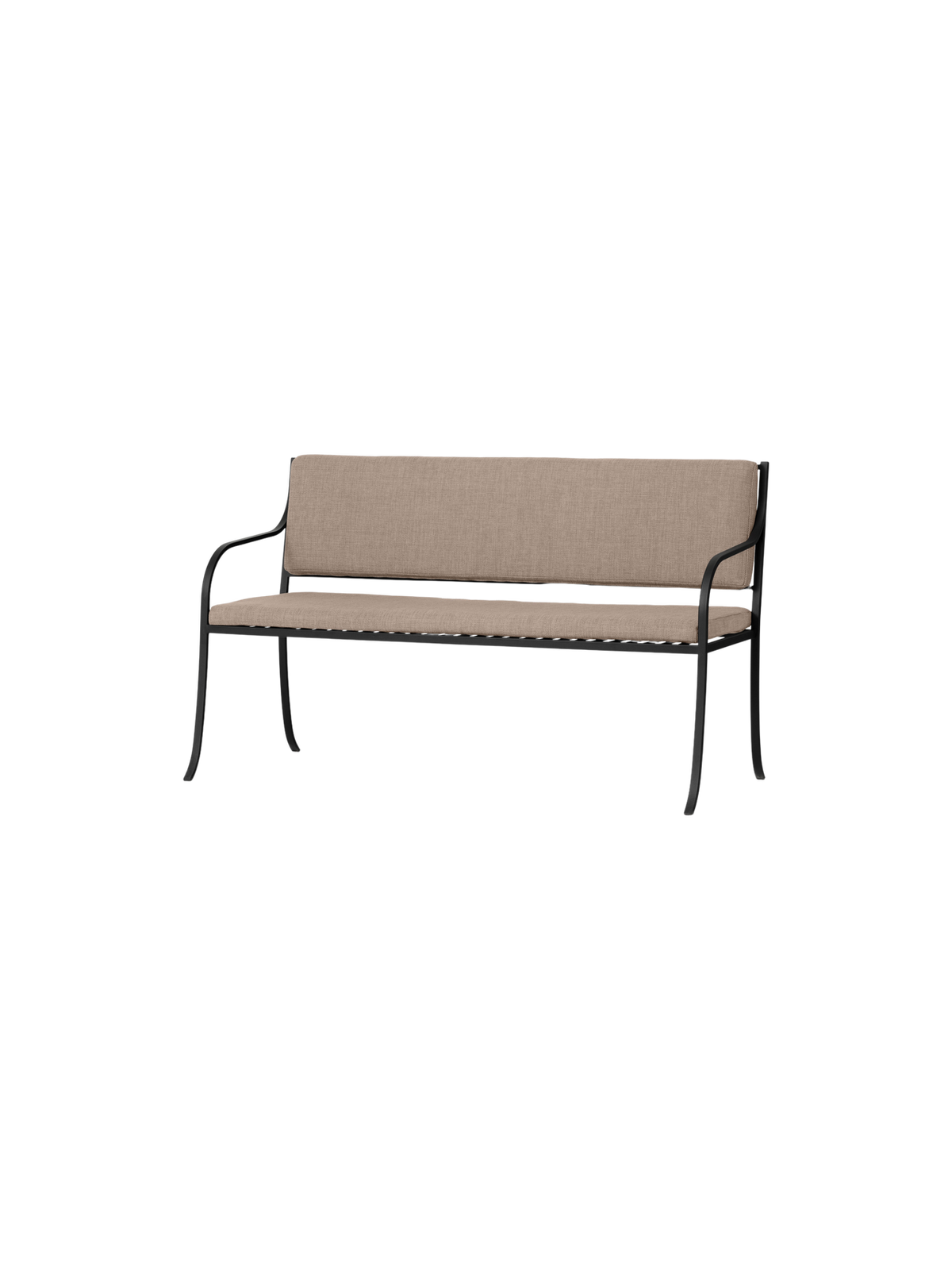 Bloss Garden Bench in black powder-coated steel with soft beige upholstered seat and back cushions.