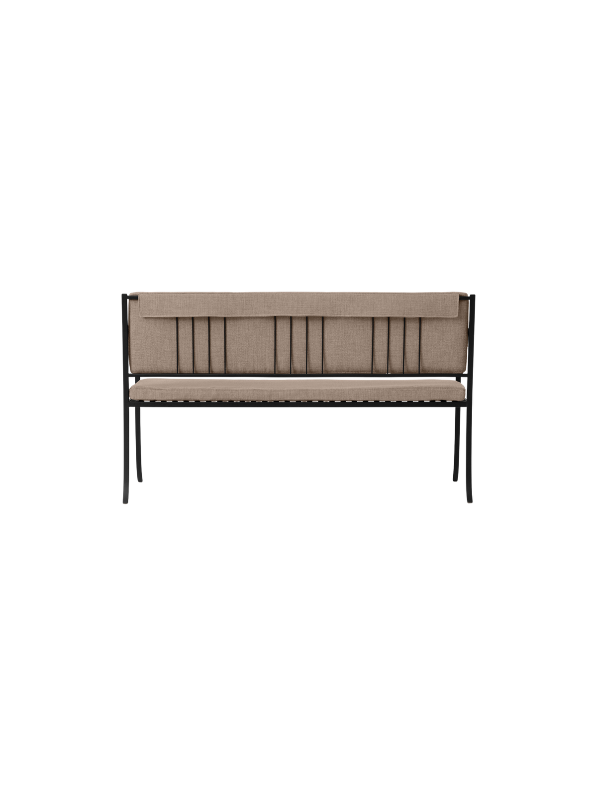 Bloss Garden Bench in black powder-coated steel with soft beige upholstered cushions, viewed from the back.