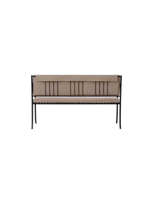 Bloss Garden Bench in black powder-coated steel with soft beige upholstered cushions, viewed from the back.