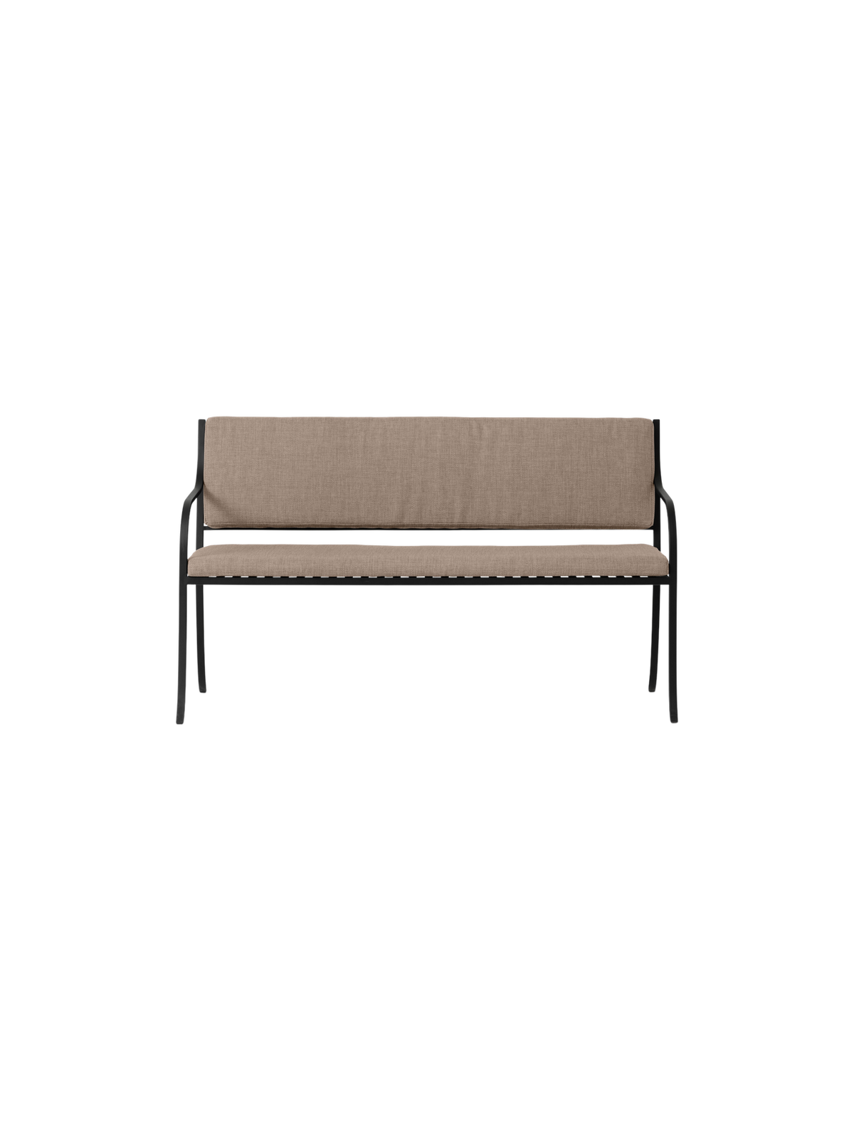 Bloss Garden Bench in black powder-coated steel with soft taupe cushions, shown from a front view.