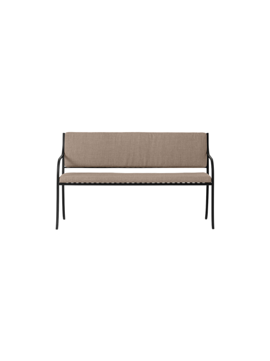 Bloss Garden Bench in black powder-coated steel with soft taupe cushions, shown from a front view.