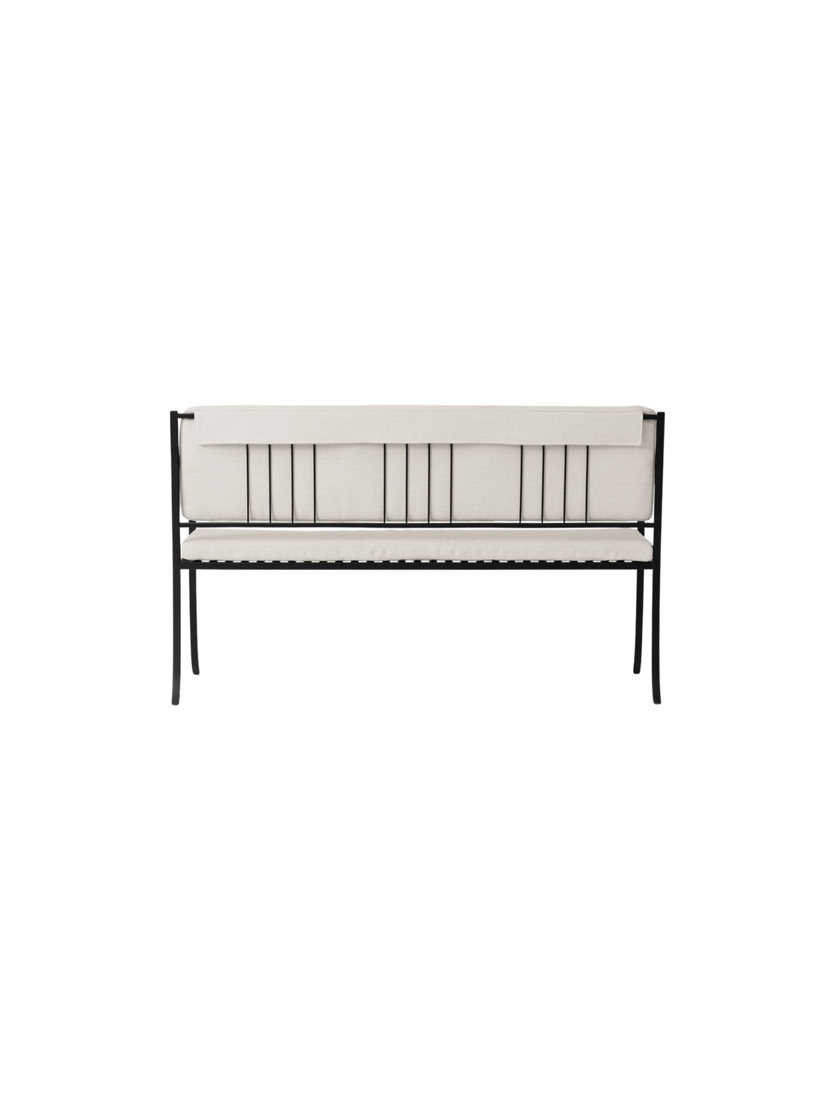 Bloss Garden Bench in black powder-coated steel with light-coloured cushions, viewed from the back.