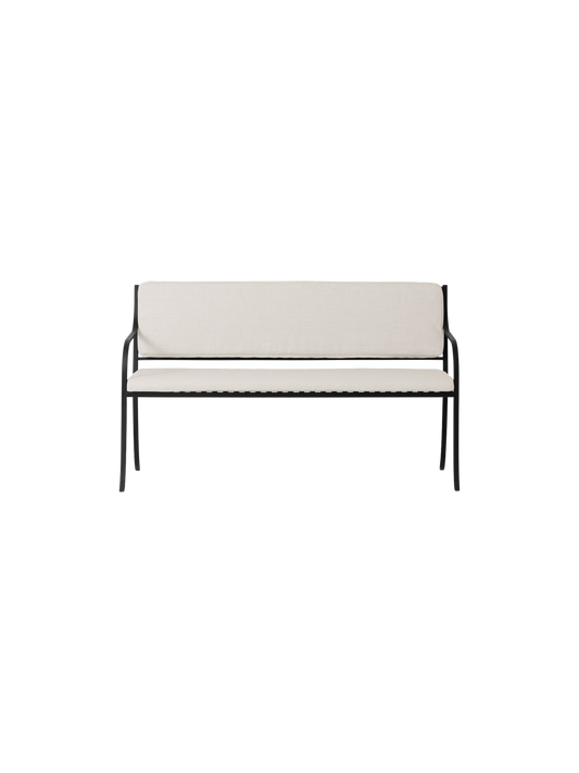 Bloss Garden Bench in black powder-coated steel featuring light-coloured upholstered cushions, viewed from the front.