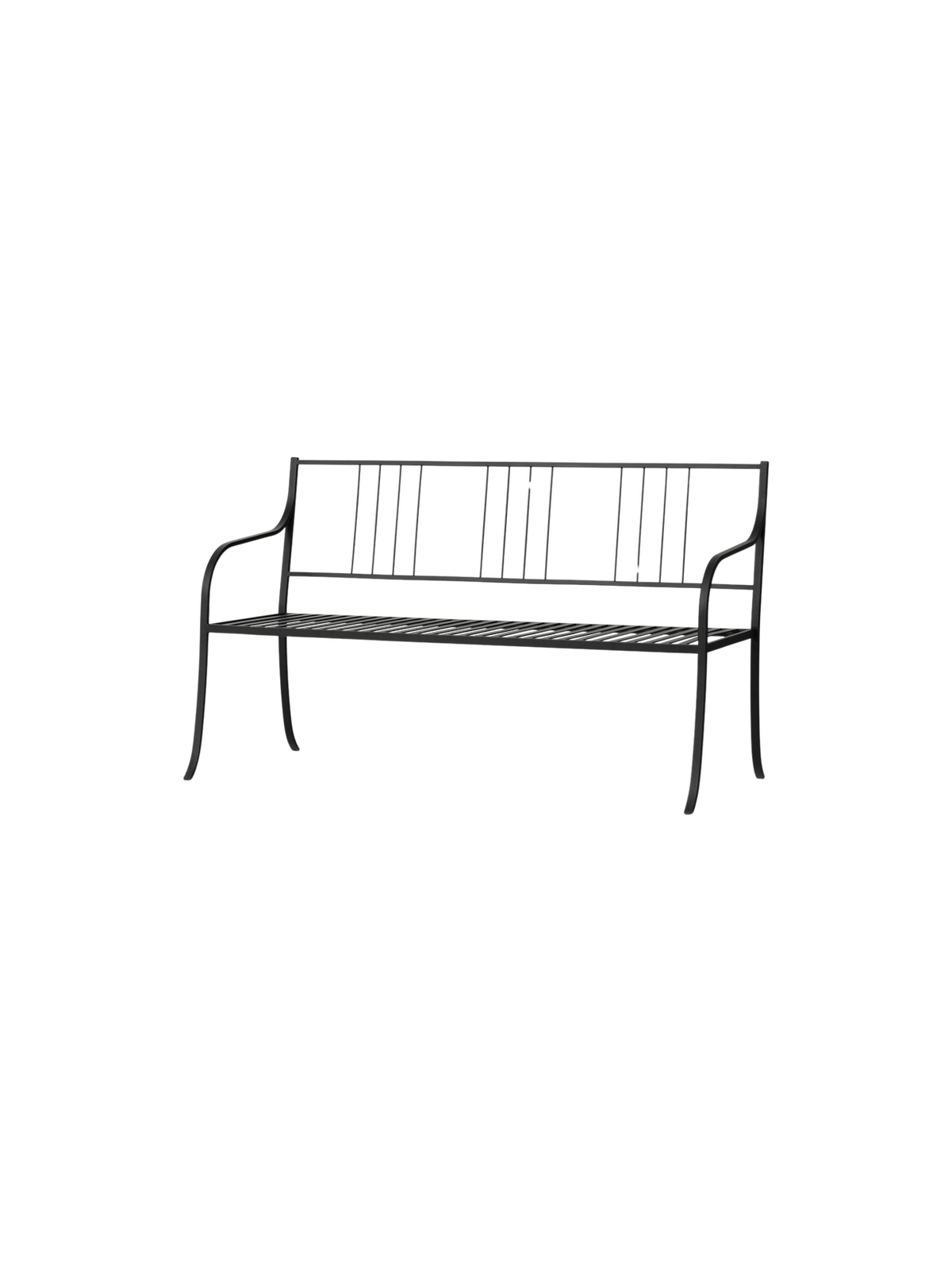 Bloss Garden Bench in black powder-coated steel, viewed from an angle showcasing its slatted seat and backrest.