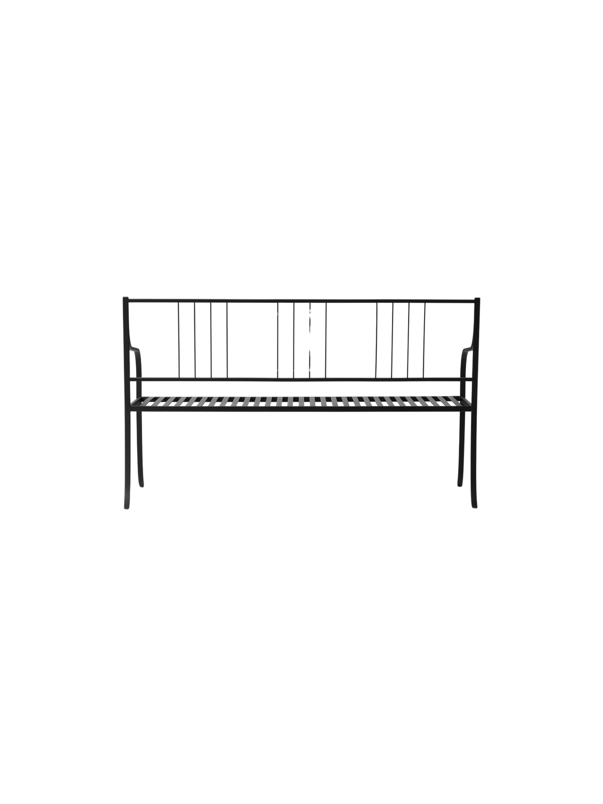 Bloss Garden Bench in black powder-coated steel viewed directly from the back, showing its slim vertical slat backrest.