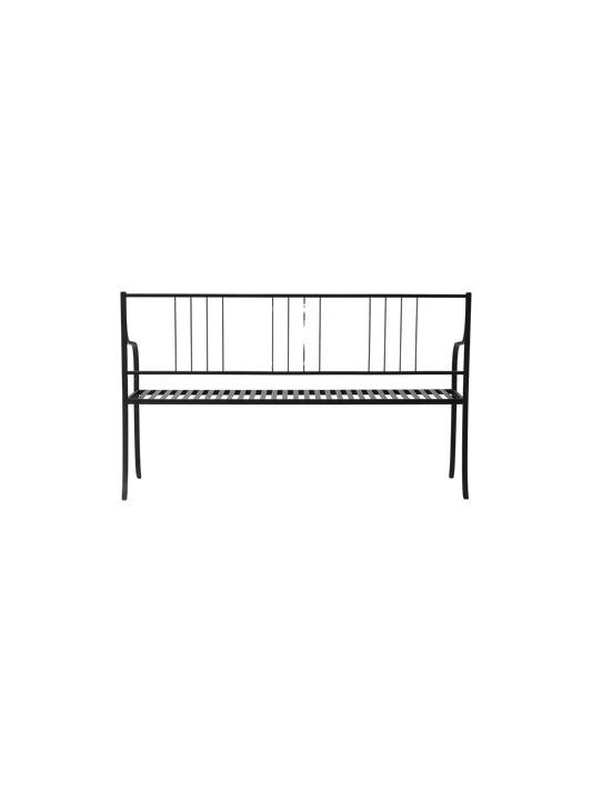 Bloss Garden Bench in black powder-coated steel viewed directly from the back, showing its slim vertical slat backrest.