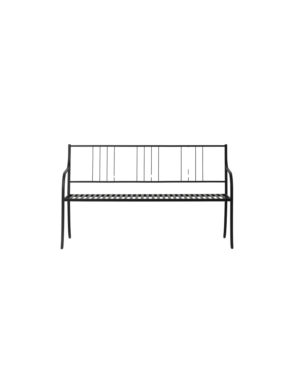 Bloss Garden Bench in black powder-coated steel with a slated backrest and seat, viewed from the front.
