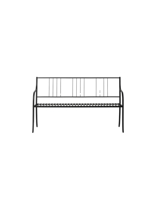 Bloss Garden Bench in black powder-coated steel with a slated backrest and seat, viewed from the front.