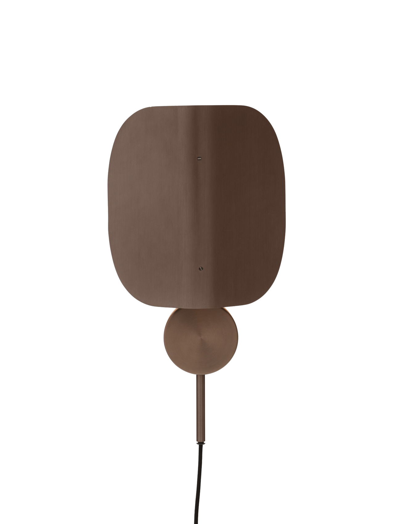Front view of the Wing Wall Lamp in bronzed aluminium. The lamp is turned on, highlighting its distinctive folded shade.