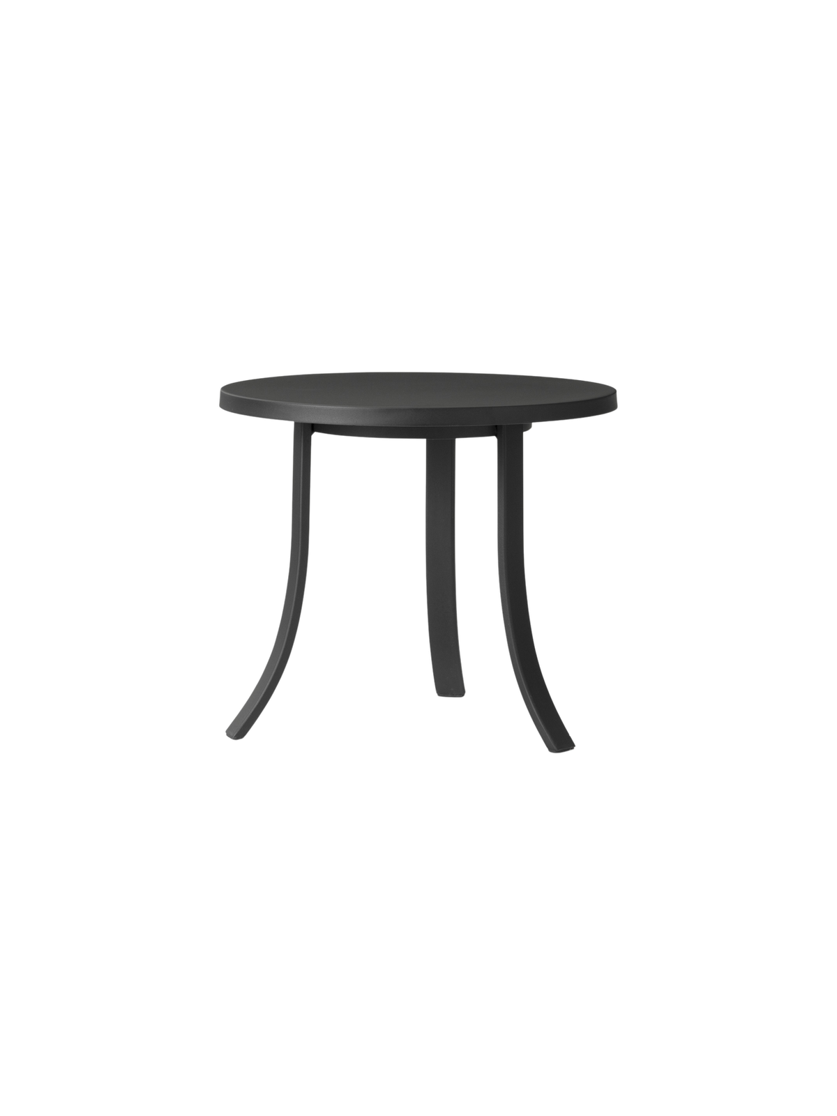 Bloss Garden Side Table in black powder-coated steel with a compact round top and curved legs, shown from a side angle.