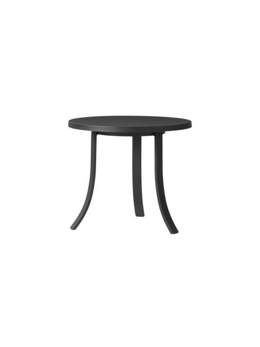 Bloss Garden Side Table in black powder-coated steel with a compact round top and curved legs, shown from a side angle.