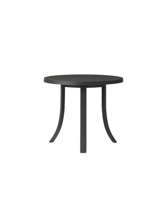 Bloss Garden Side Table in black powder-coated steel with a round top and slender legs, shown from the back angle.