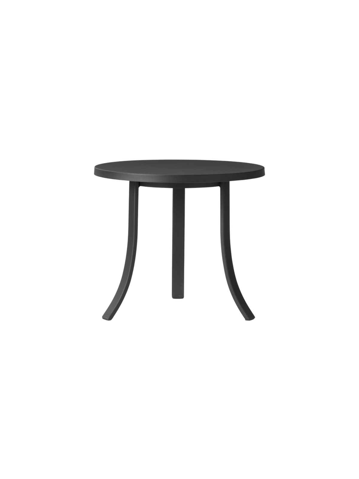 Bloss Garden Side Table in black powder-coated steel with a compact round top and slender legs, shown from a front view.