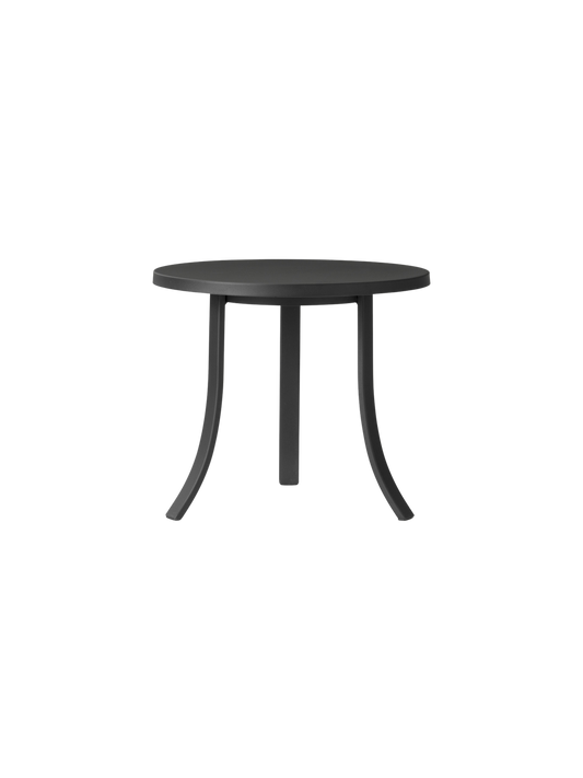 Bloss Garden Side Table in black powder-coated steel with a compact round top and slender legs, shown from a front view.