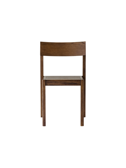 Mauro Dining Chair in dark-stained oak with a matching veneer seat and curved backrest, front view.
