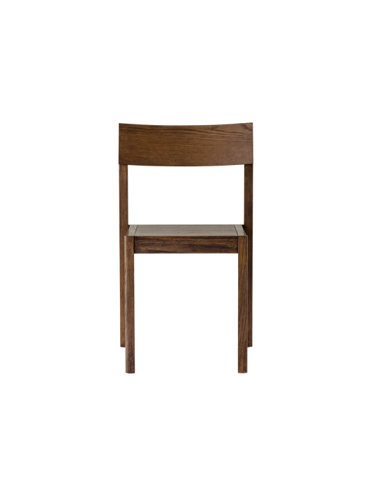 Mauro Dining Chair in dark-stained oak with a matching veneer seat and curved backrest, front view.
