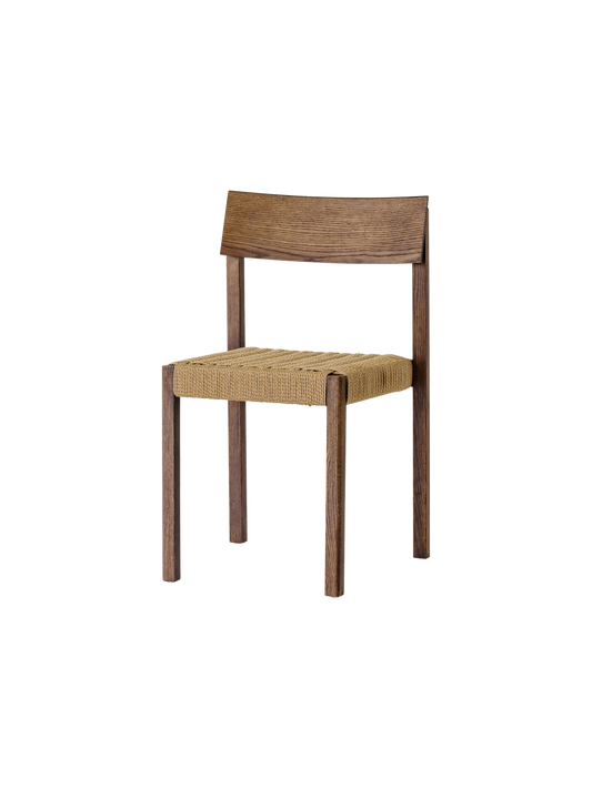 Mauro Dining Chair in dark-stained oak featuring a handwoven paper cord seat and a curved, angled backrest.
