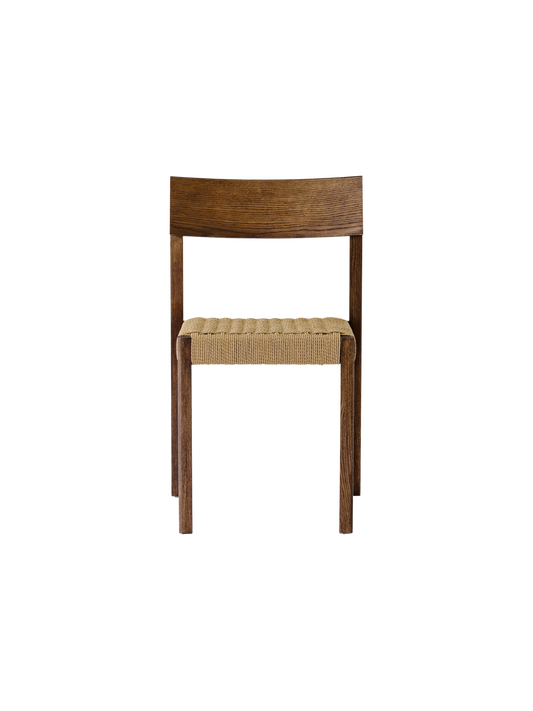 Mauro Dining Chair in dark-stained oak with a handwoven natural papercord seat, shown from the front.