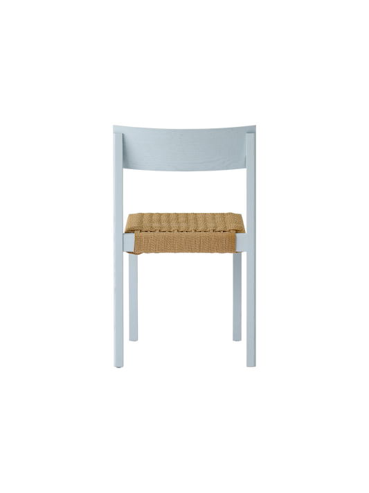 Mauro Dining Chair in Linen Blue oak with a handwoven paper cord seat, viewed from the back against a white background.