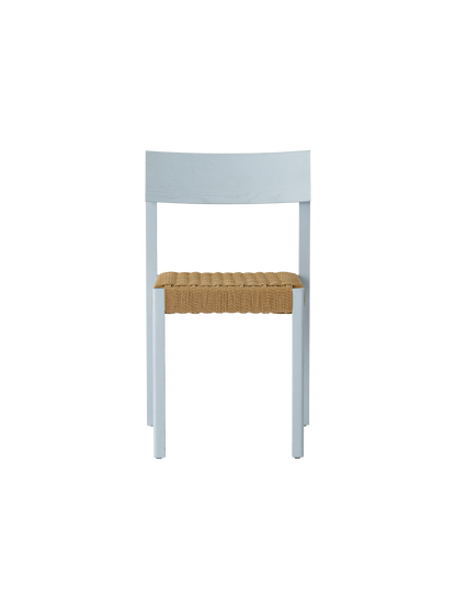 Mauro Dining Chair in Linen Blue Oak featuring a handwoven natural paper cord seat, viewed from the front.