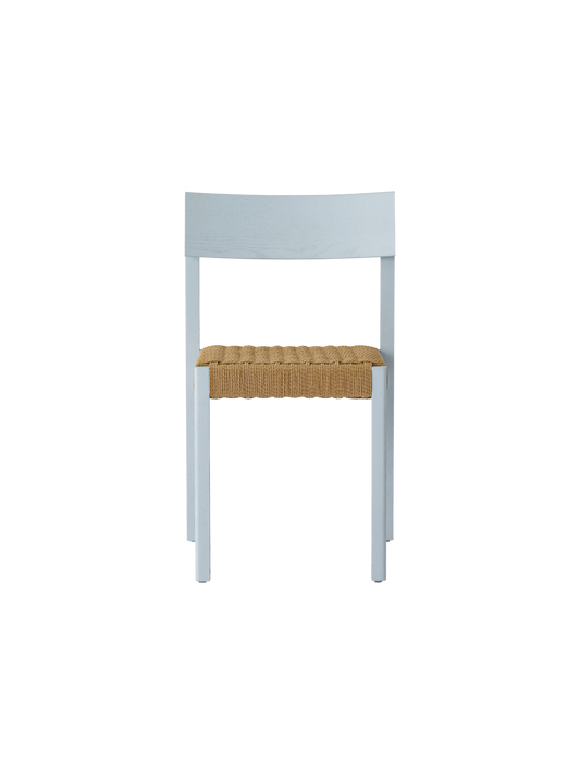 Mauro Dining Chair in Linen Blue Oak featuring a handwoven natural paper cord seat, viewed from the front.