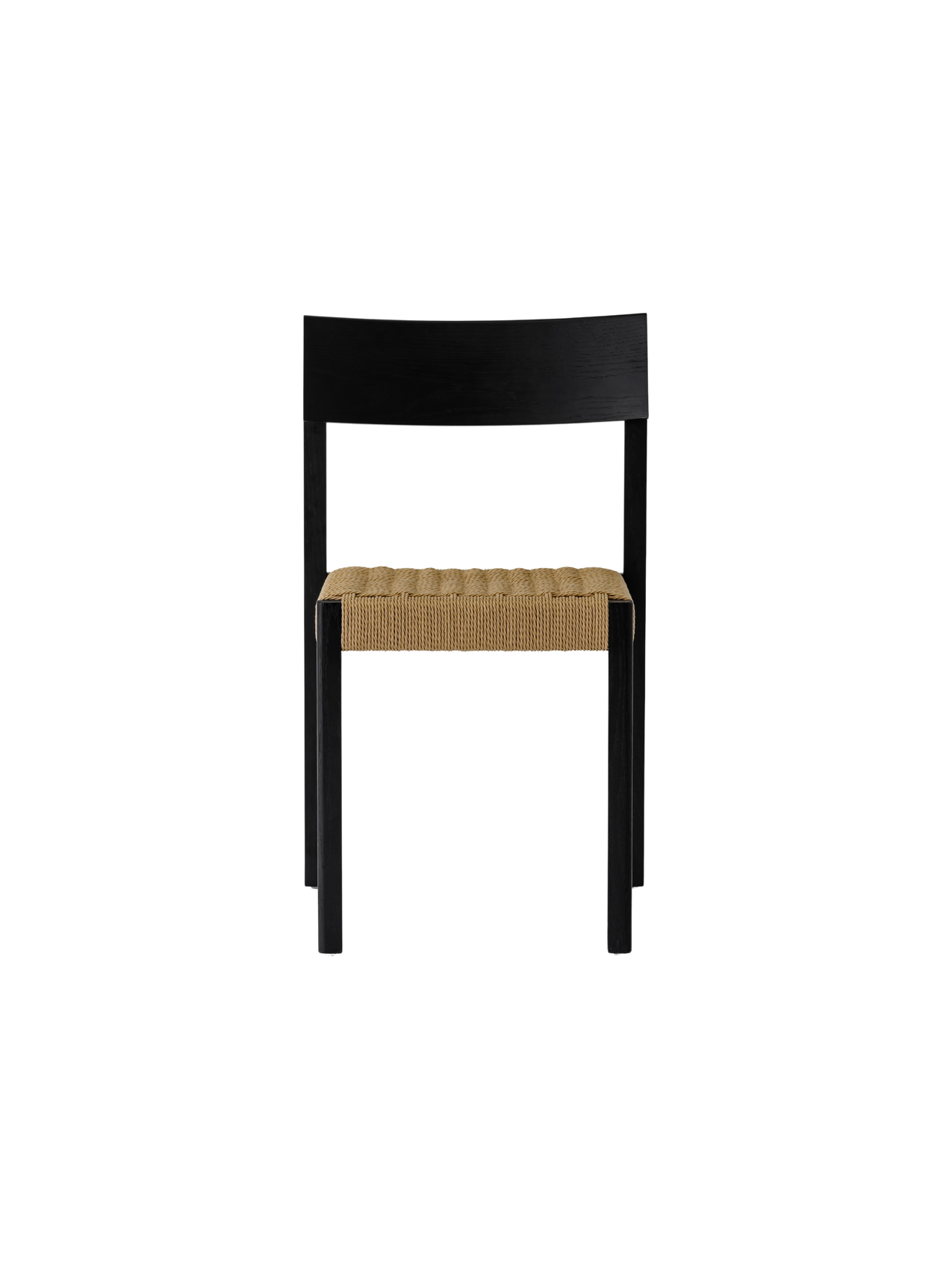 Mauro Dining Chair in black solid wood with a handwoven paper cord seat and a gently curved backrest viewed from the front.