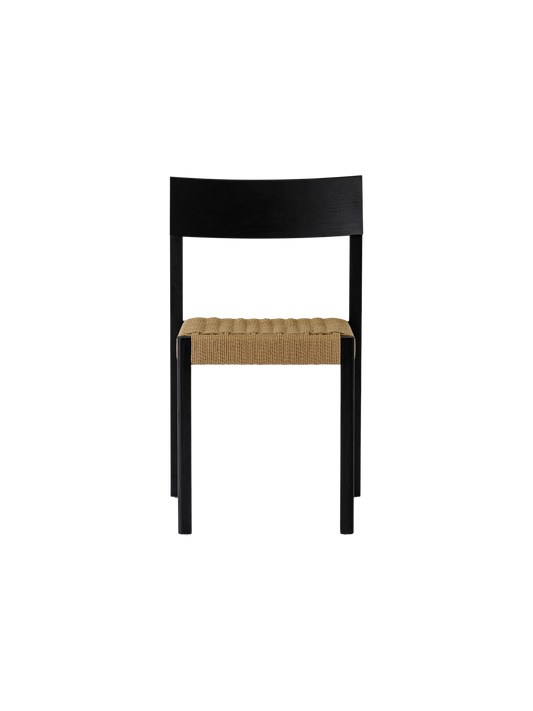 Mauro Dining Chair in black solid wood with a handwoven paper cord seat and a gently curved backrest viewed from the front.