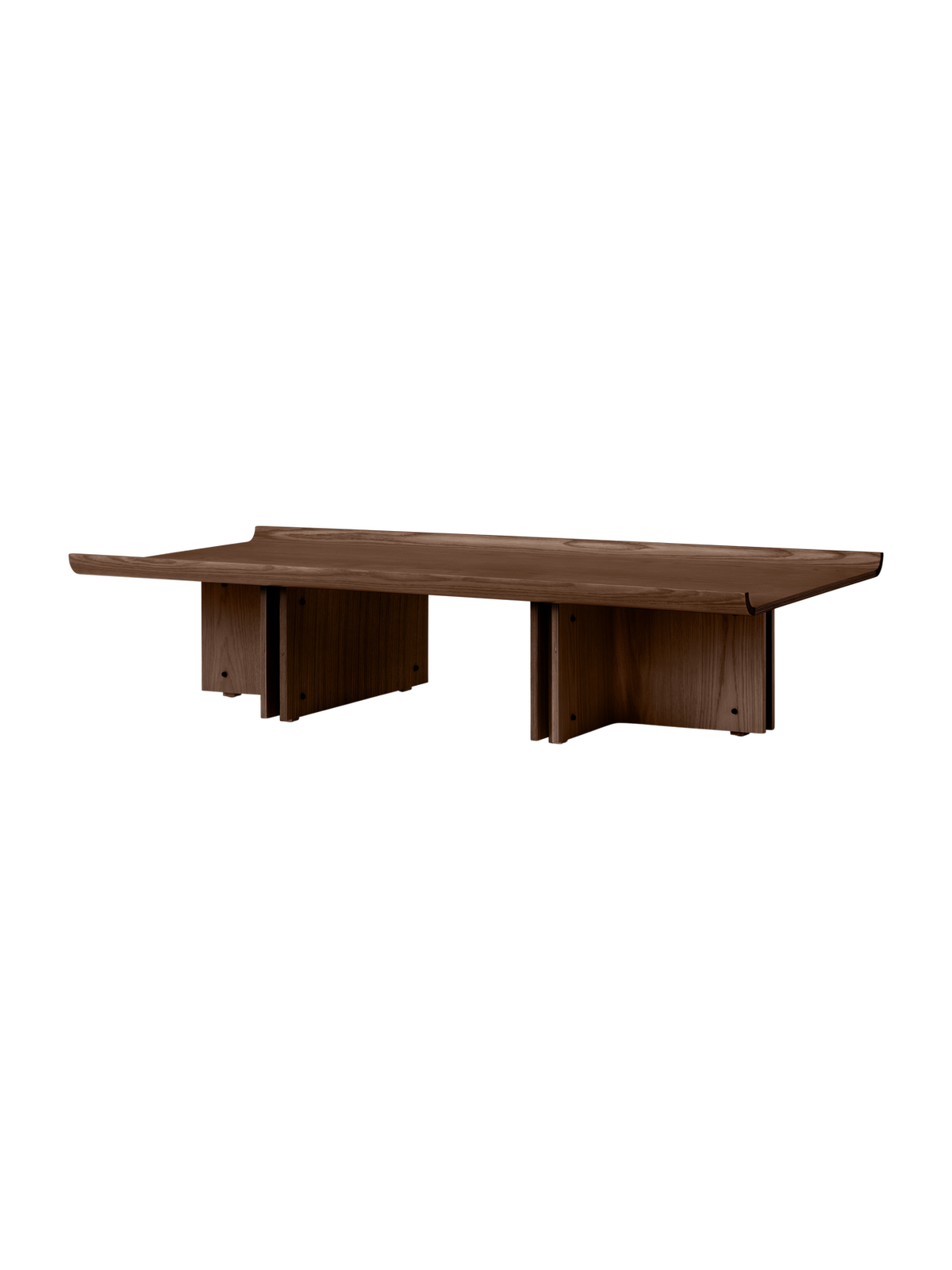 Conrad Lounge Table in dark-stained oak veneer, shown from an angle highlighting its raised edges and architectural base.