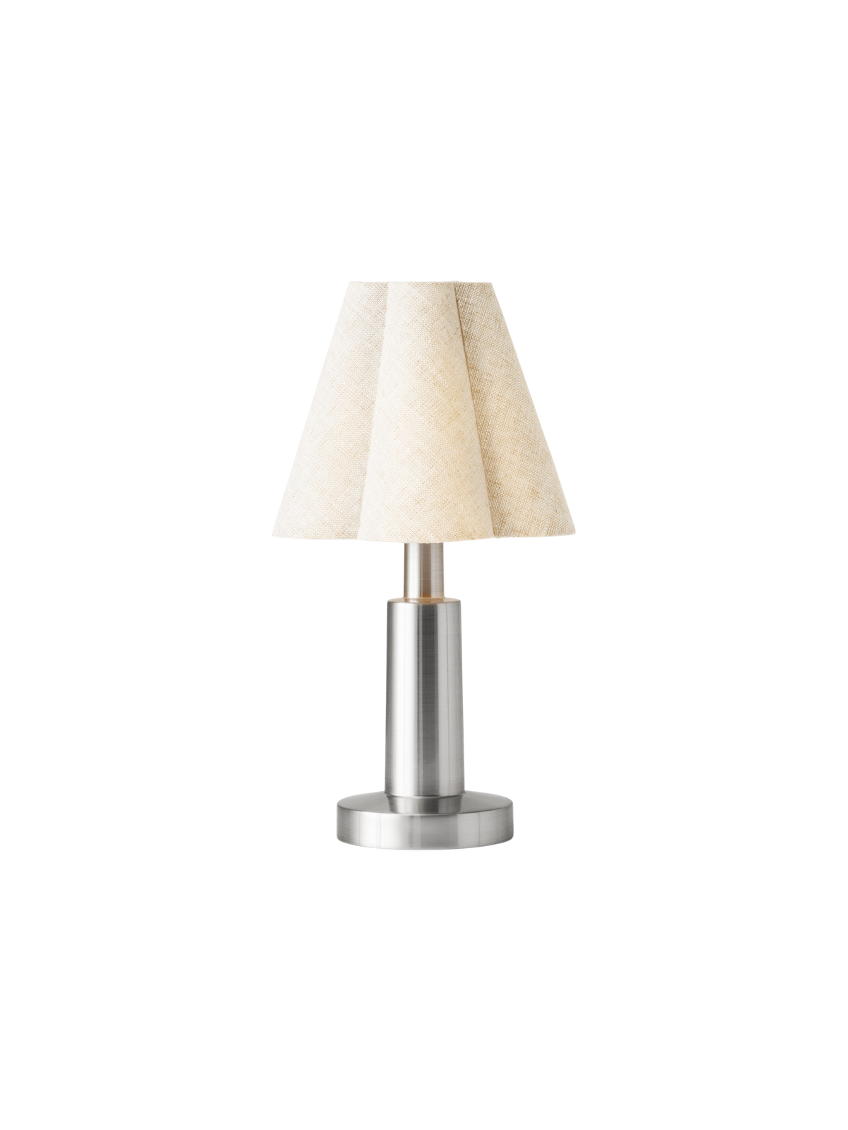 Admiral Portable Lamp in brushed metal with a sculpted fabric shade, shown from a front-on perspective.