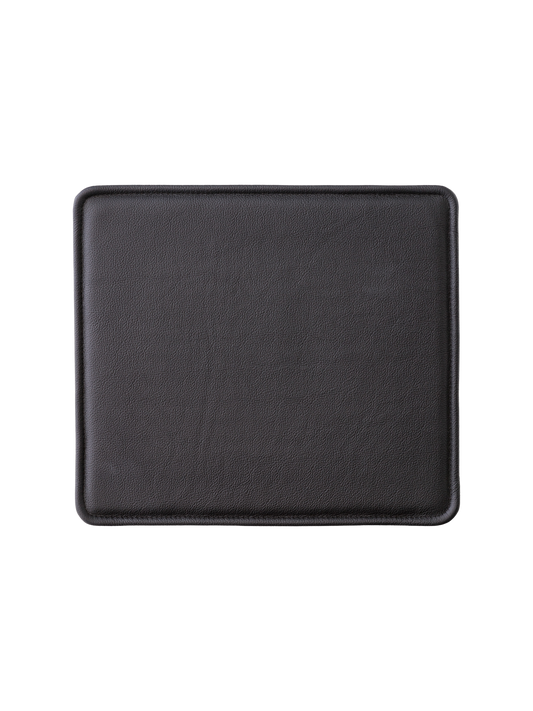 Black leather Mauro Dining Chair Seat Cushion with a square profile and rounded corners on a white background.