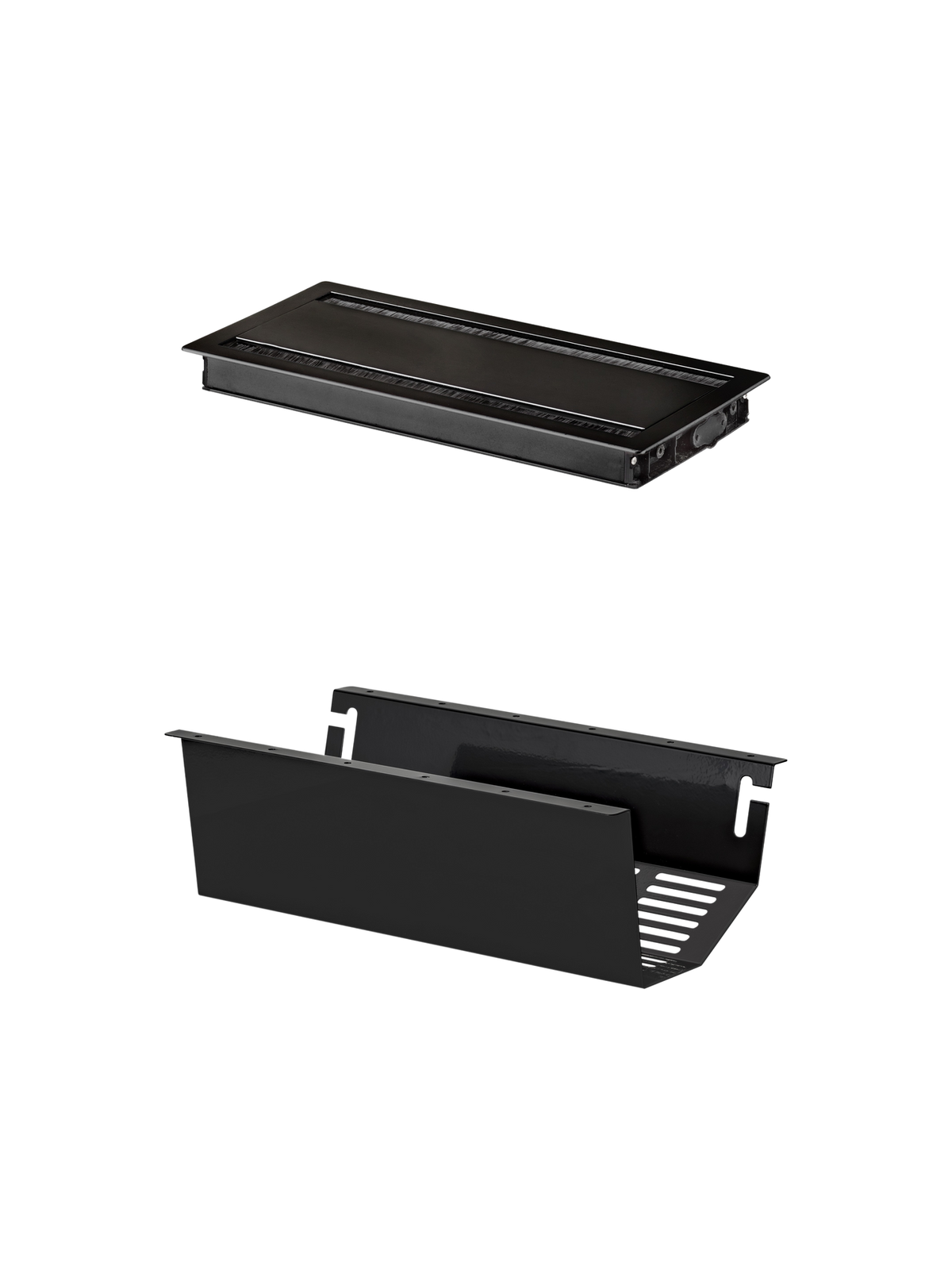 Black Cable Management solution featuring an aluminium outlet tray component, shown against a dark background.