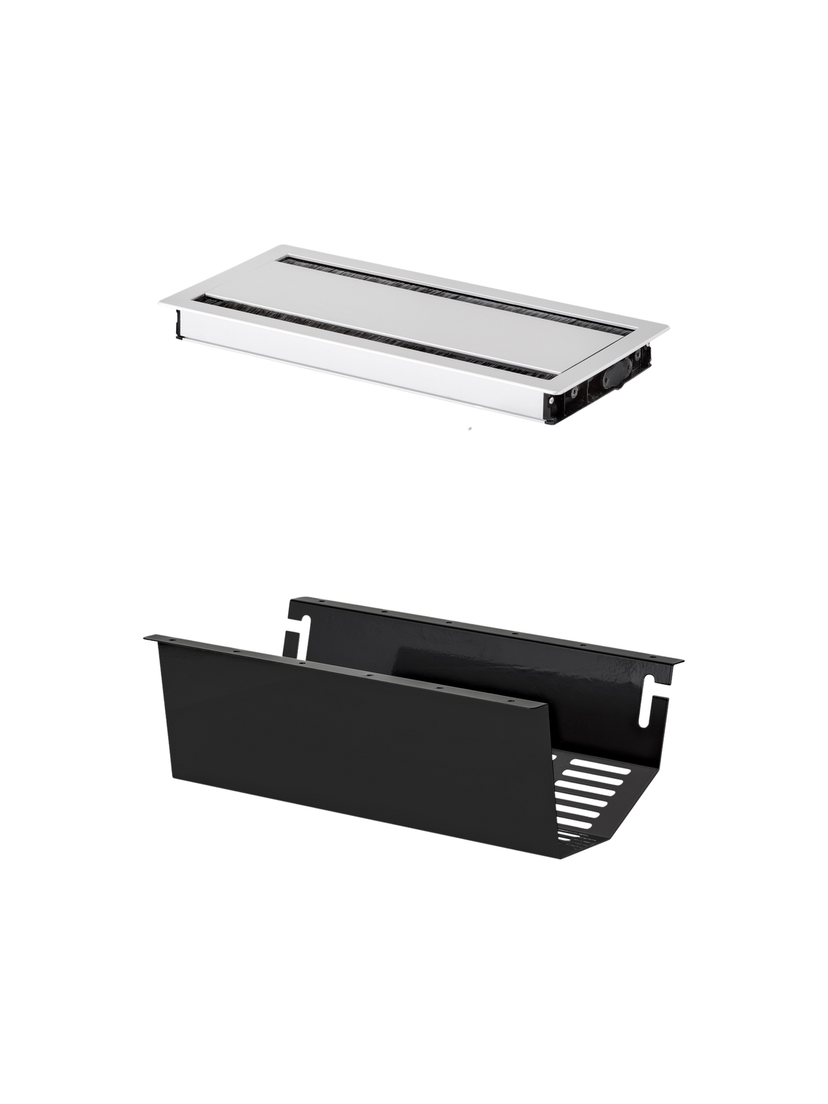 Cable Management in brushed aluminium and black steel, featuring the outlet tray and table cover components.