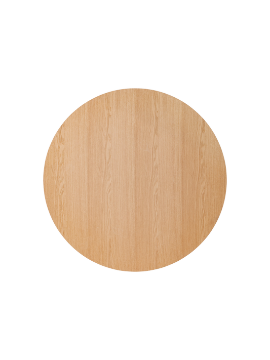 Top-down view of the round Puffin Dining Table, showcasing the natural oak grain and smooth circular tabletop.