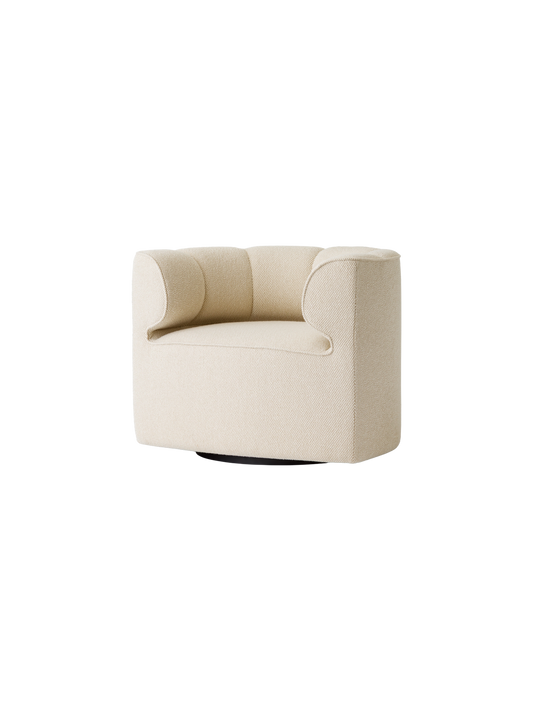 Eave Seamline Lounge Chair in off-white Logan Fossil textured fabric with a black swivel base.