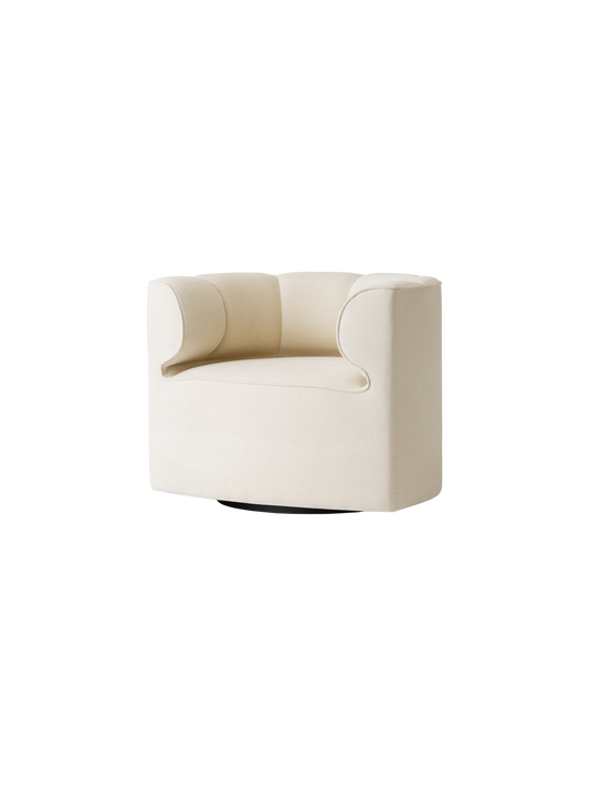 Eave Seamline Lounge Chair in cream Siennatonal 12 fabric, showing its curved, fully upholstered design from an angle.