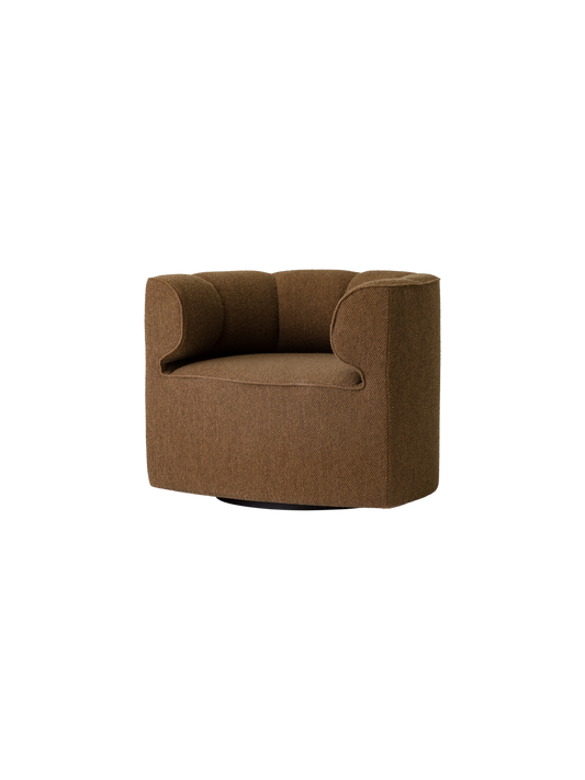 Eave Seamline Lounge Chair in Logan Nutmeg textured brown fabric, featuring a curved, chunky silhouette and swivel base.