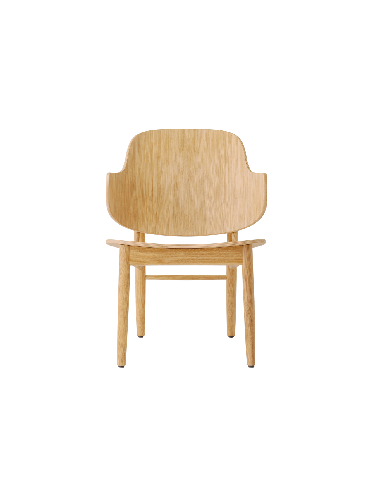 The Penguin Wooden Lounge Chair in natural oak, featuring a curved veneer back and solid oak frame.