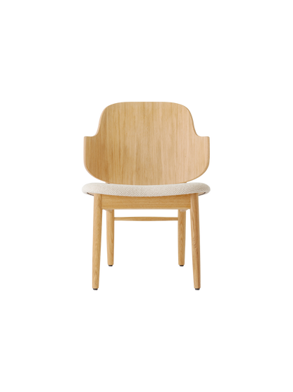 The Penguin Wooden Lounge Chair in natural oak with a light beige textured upholstered seat, seen from the front.