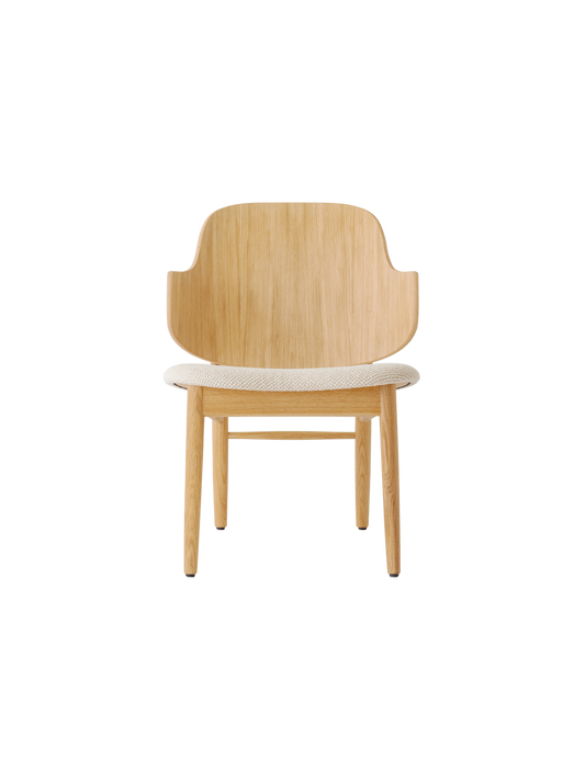 The Penguin Wooden Lounge Chair in natural oak with a light beige textured upholstered seat, seen from the front.